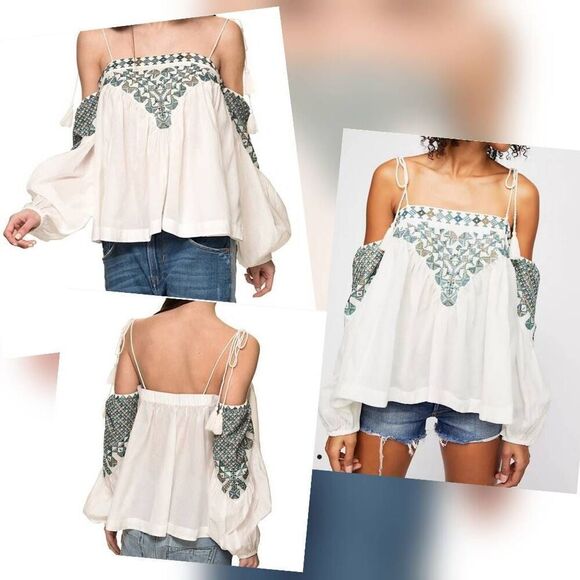 Free People Vacay Vibin Embroidered Off Shoulder Top Sz XS - Picture 2 of 10